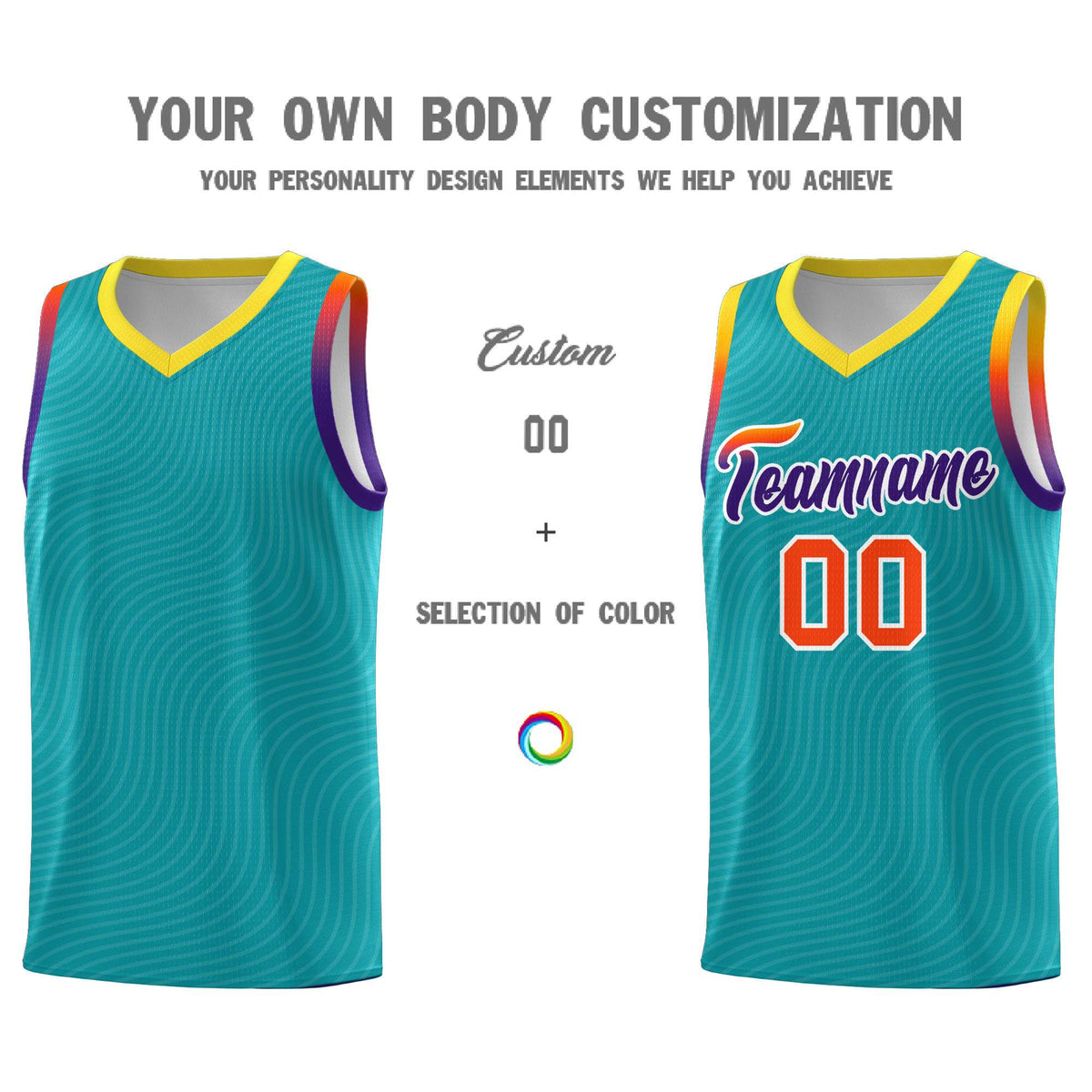 Custom Aqua Gold Wave Pattern Sports Uniform Basketball Kits