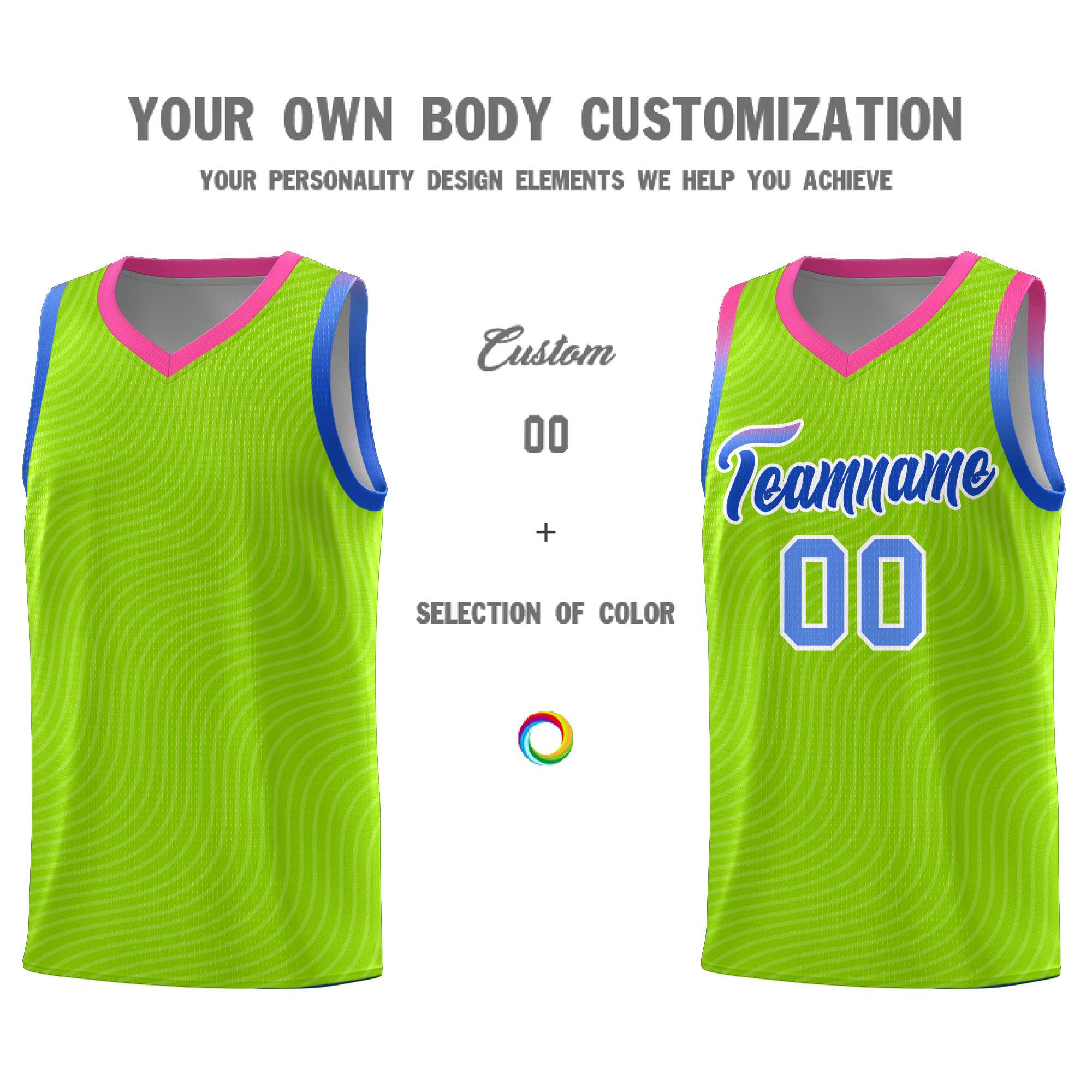 Custom Neon Green Pink Wave Pattern Sports Uniform Basketball Kits