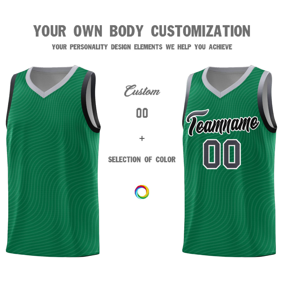 Custom Kelly Green Gray Wave Pattern Sports Uniform Basketball Kits