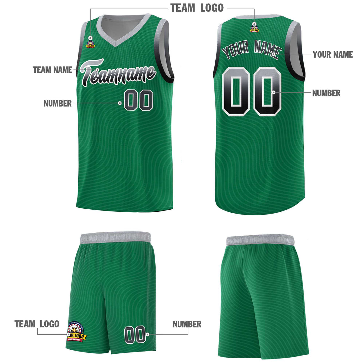 Custom Kelly Green Gray Wave Pattern Sports Uniform Basketball Kits
