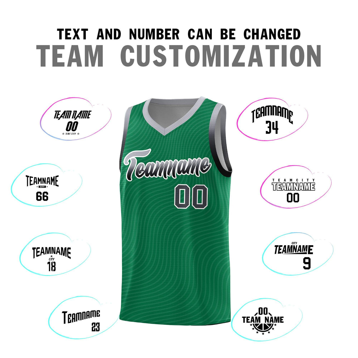 Custom Kelly Green Gray Wave Pattern Sports Uniform Basketball Kits