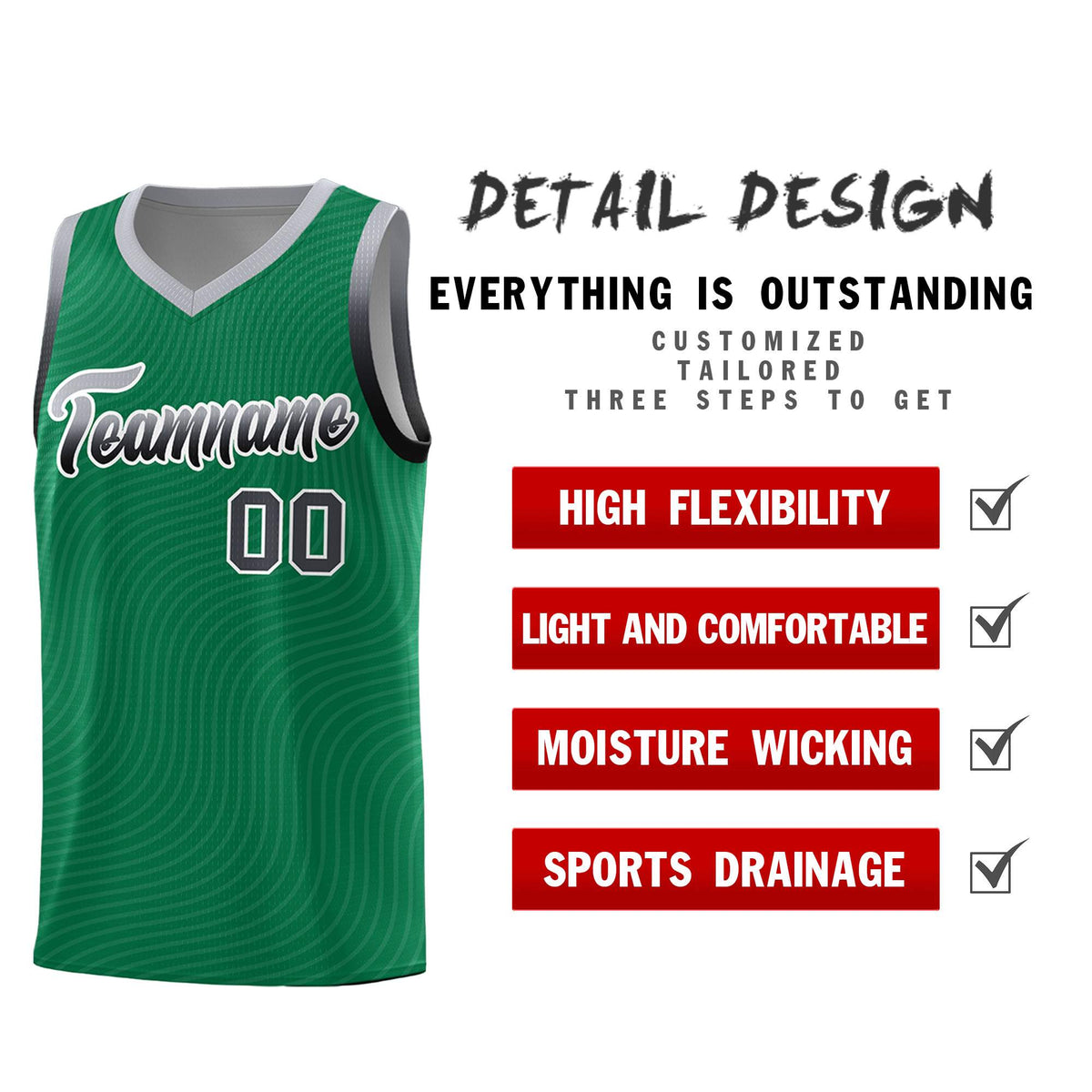 Custom Kelly Green Gray Wave Pattern Sports Uniform Basketball Kits