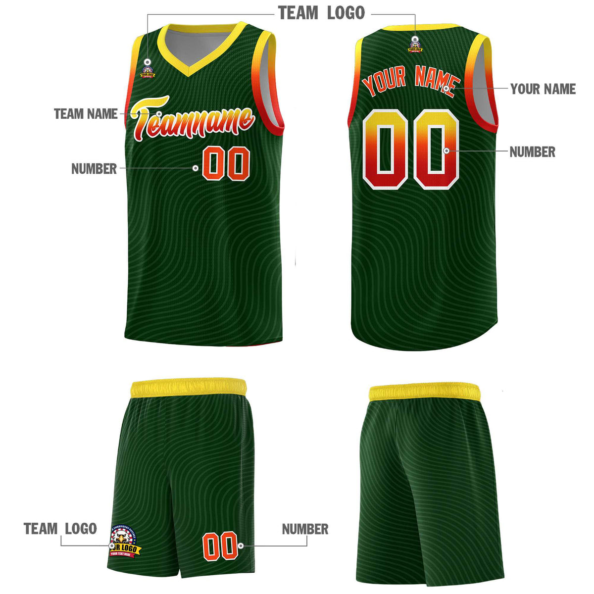Custom Hunter Green Gold Wave Pattern Sports Uniform Basketball Kits