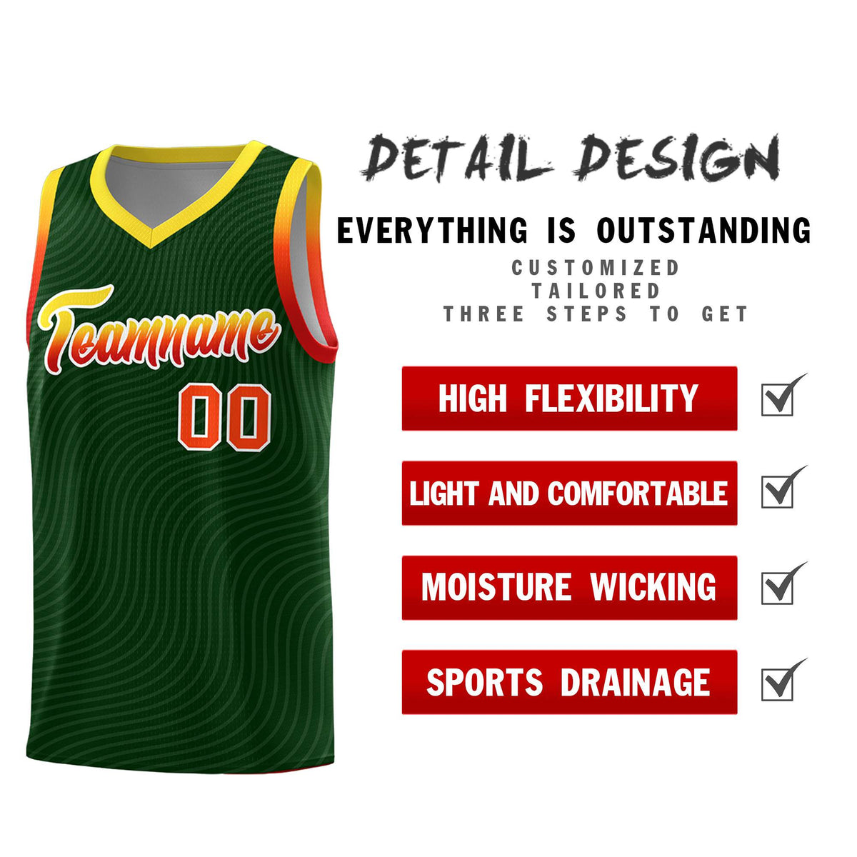 Custom Hunter Green Gold Wave Pattern Sports Uniform Basketball Kits
