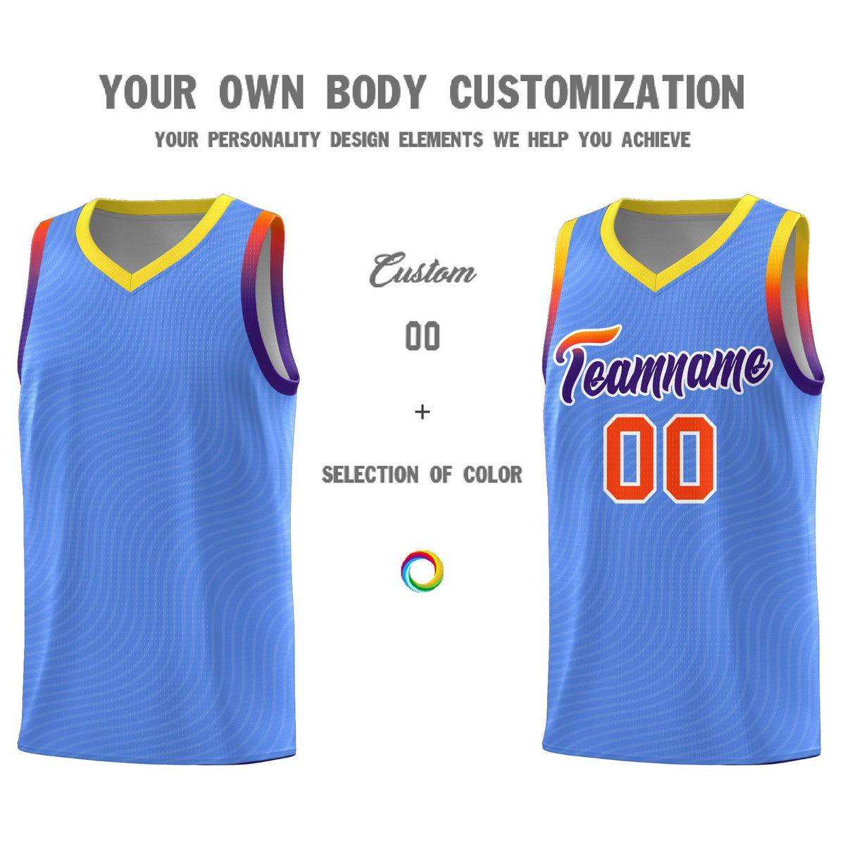 Custom Light Blue Gold Wave Pattern Sports Uniform Basketball Kits
