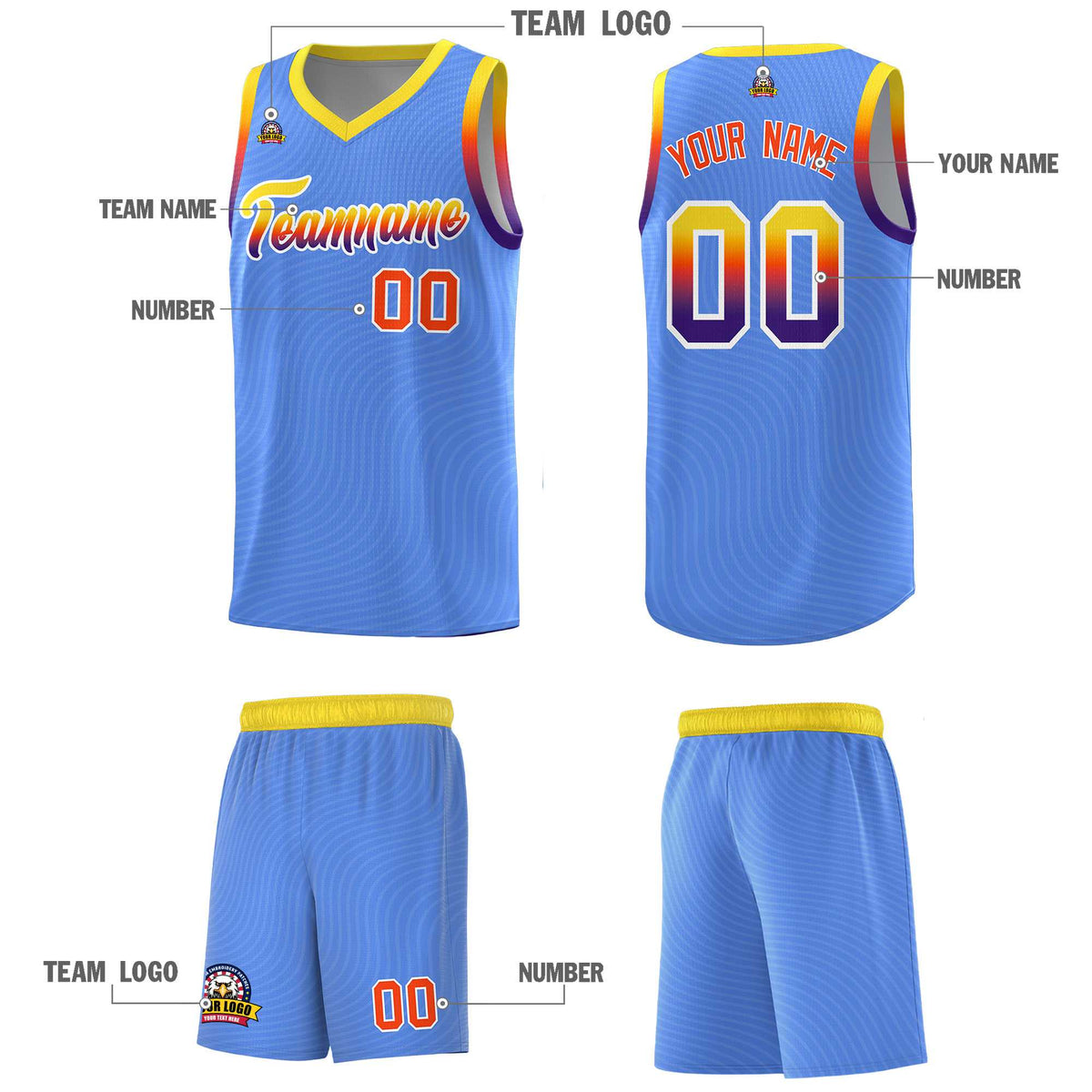 Custom Light Blue Gold Wave Pattern Sports Uniform Basketball Kits