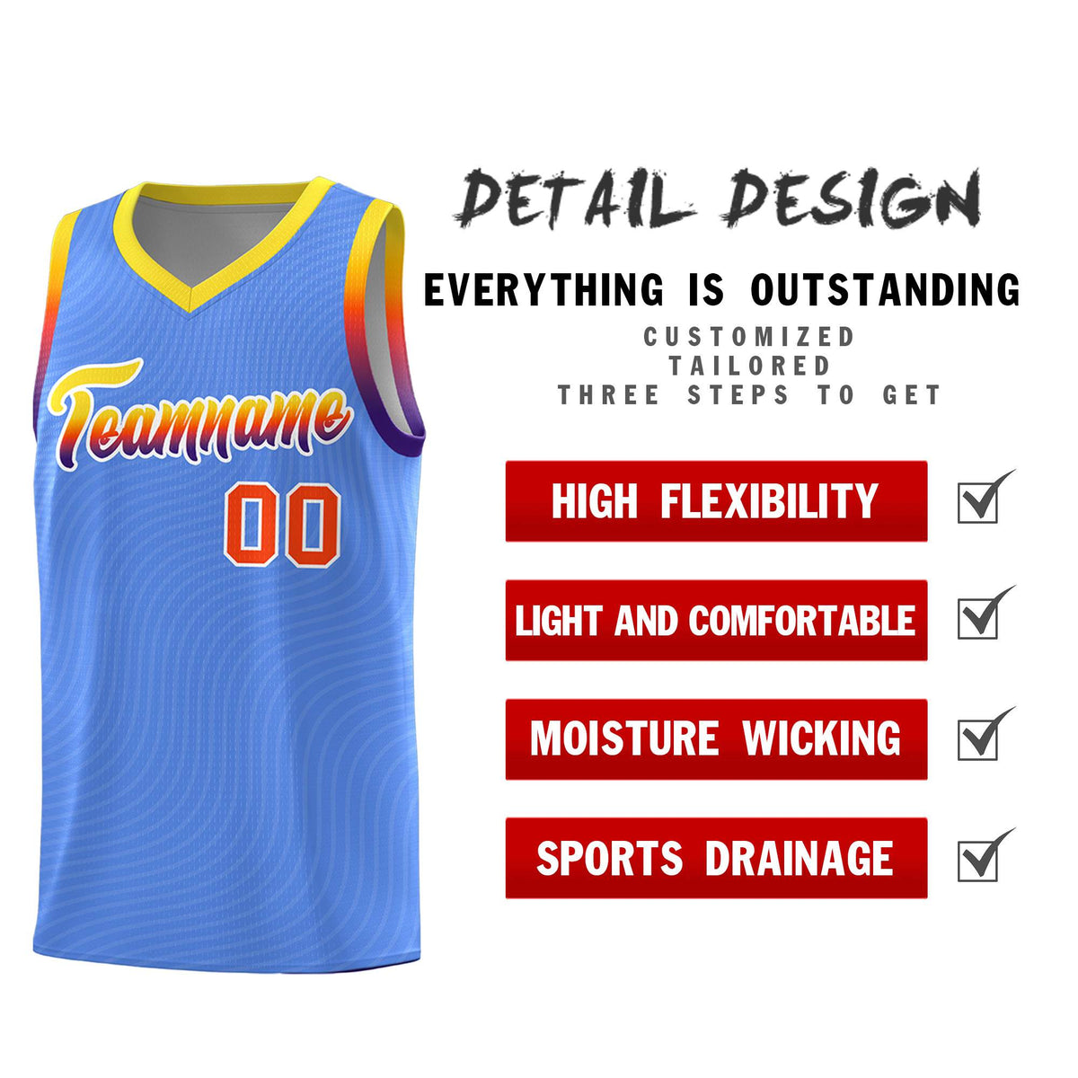 Custom Light Blue Gold Wave Pattern Sports Uniform Basketball Kits