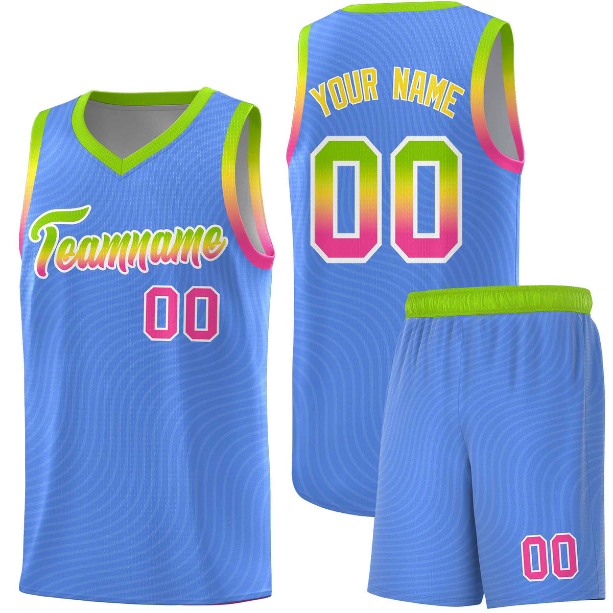 Custom Light Blue Neon Green Wave Pattern Sports Uniform Basketball Kits