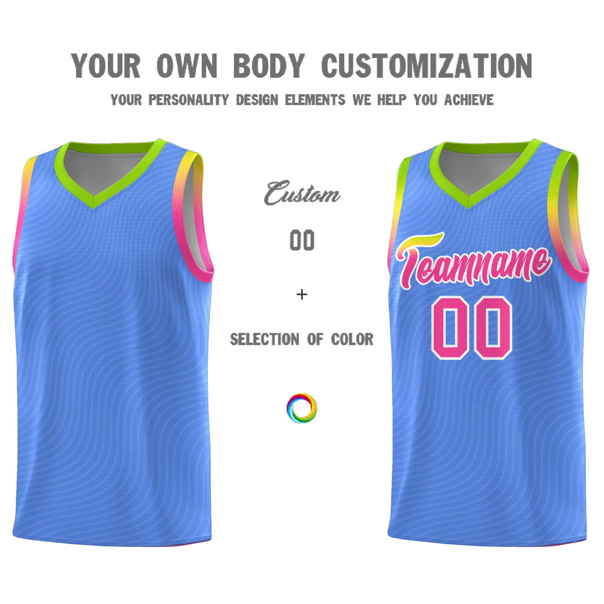 Custom Light Blue Neon Green Wave Pattern Sports Uniform Basketball Kits