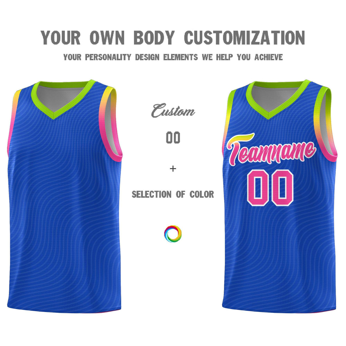 Custom Royal Blue Neon Green Wave Pattern Sports Uniform Basketball Kits