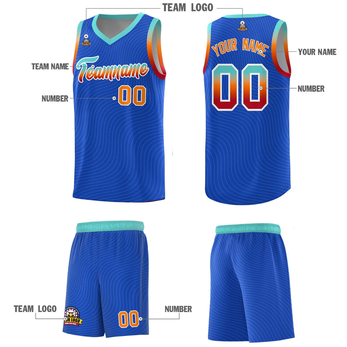 Custom Royal Blue Bright Green Wave Pattern Sports Uniform Basketball Kits