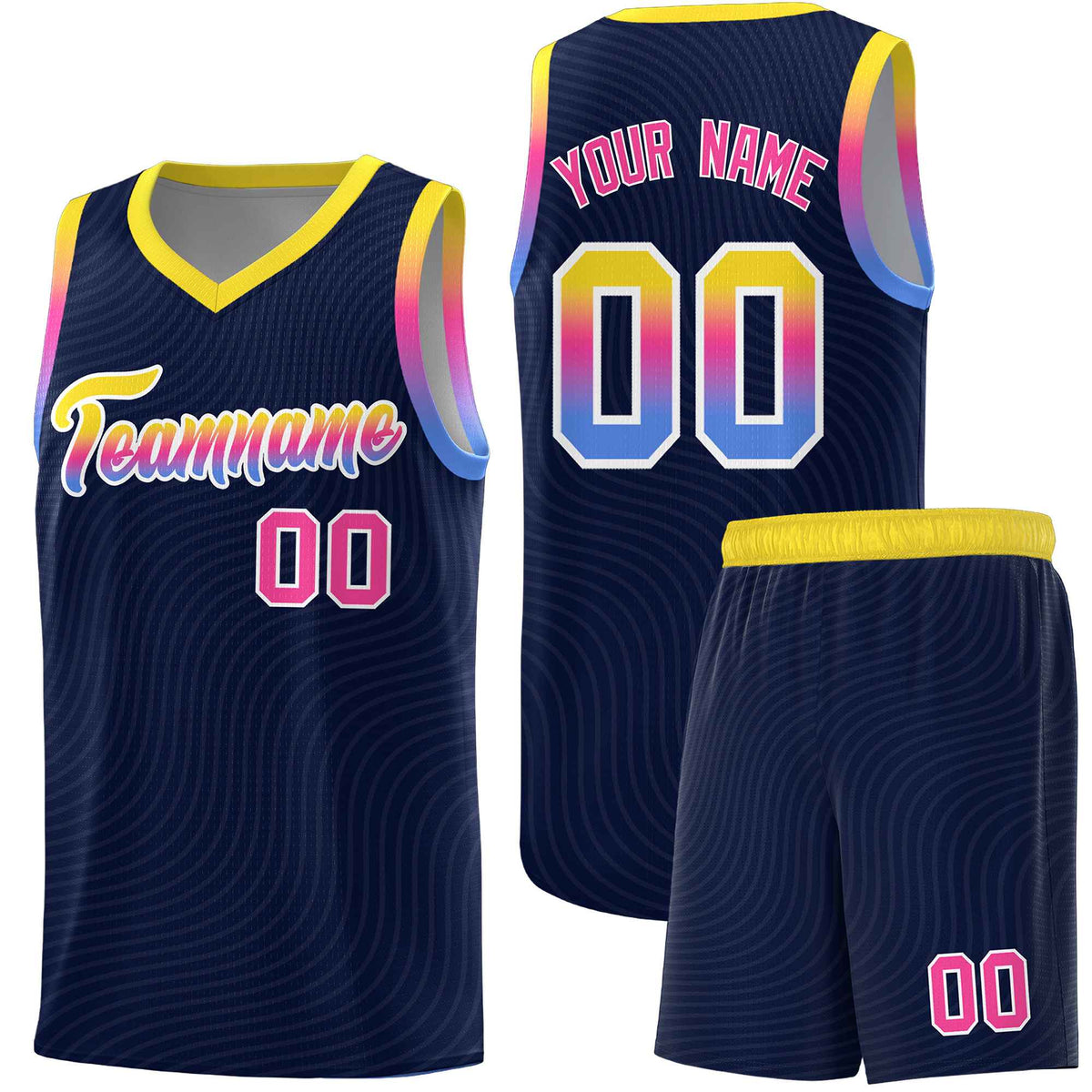 Custom Navy Gold Wave Pattern Sports Uniform Basketball Kits