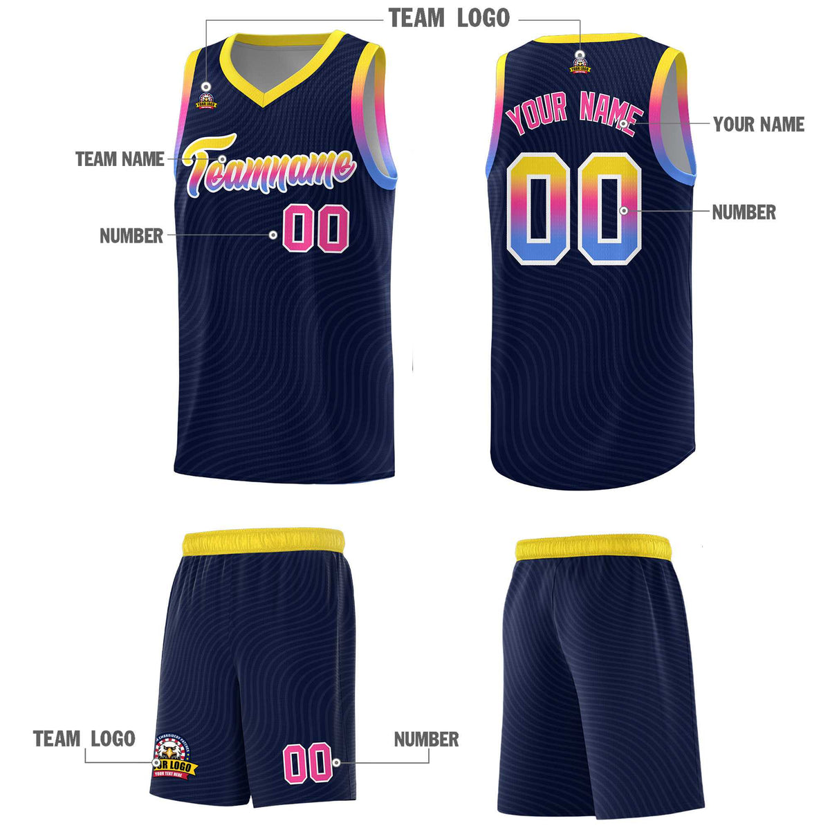Custom Navy Gold Wave Pattern Sports Uniform Basketball Kits
