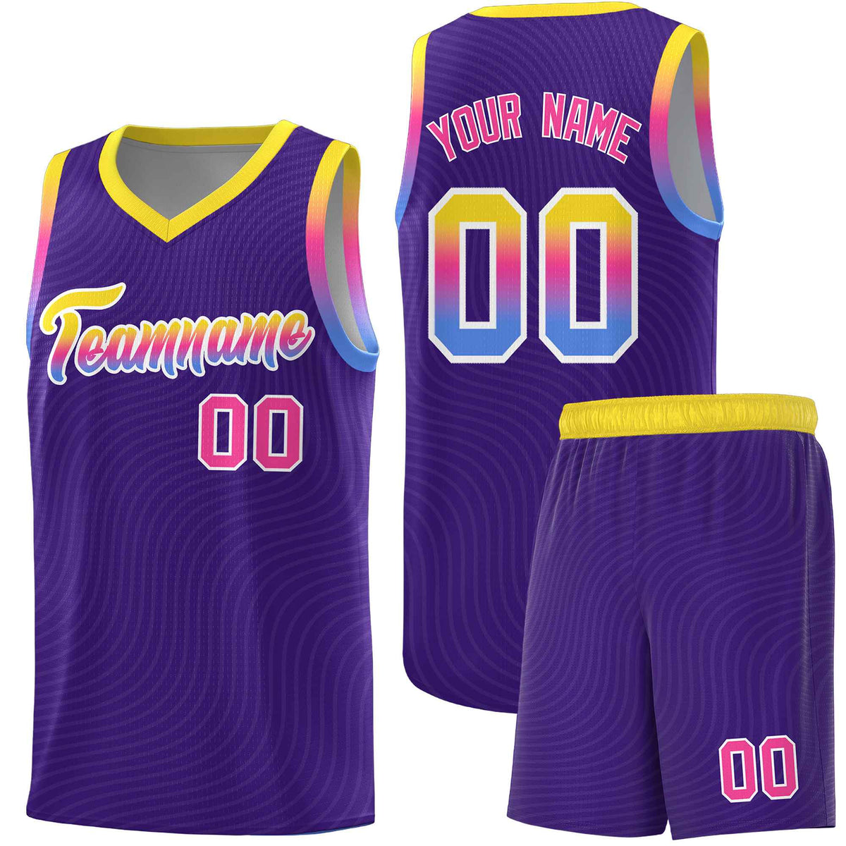 Custom Purple Gold Wave Pattern Sports Uniform Basketball Kits