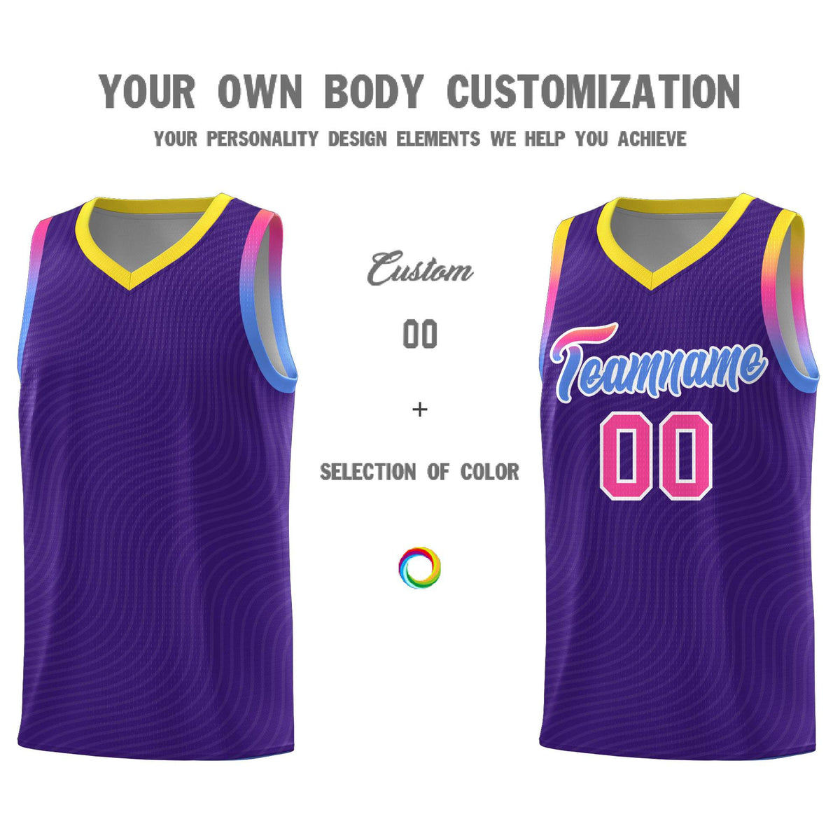 Custom Purple Gold Wave Pattern Sports Uniform Basketball Kits
