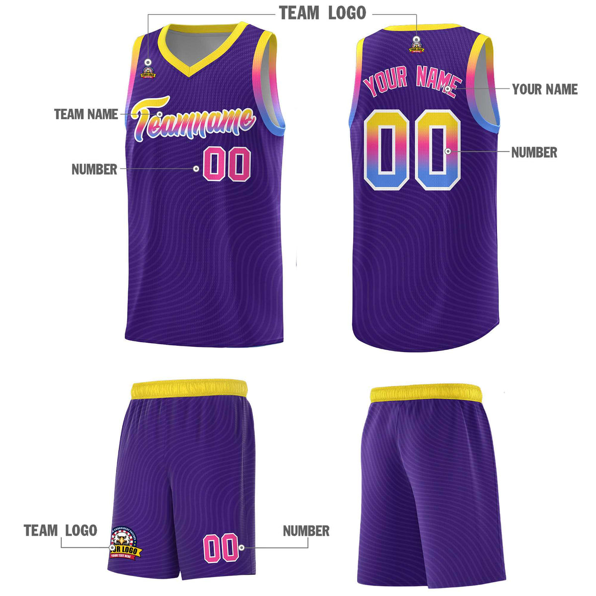 Custom Purple Gold Wave Pattern Sports Uniform Basketball Kits