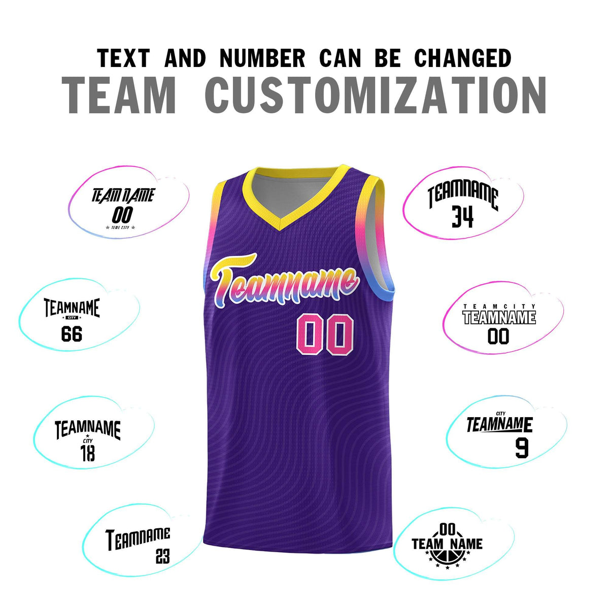 Custom Purple Gold Wave Pattern Sports Uniform Basketball Kits