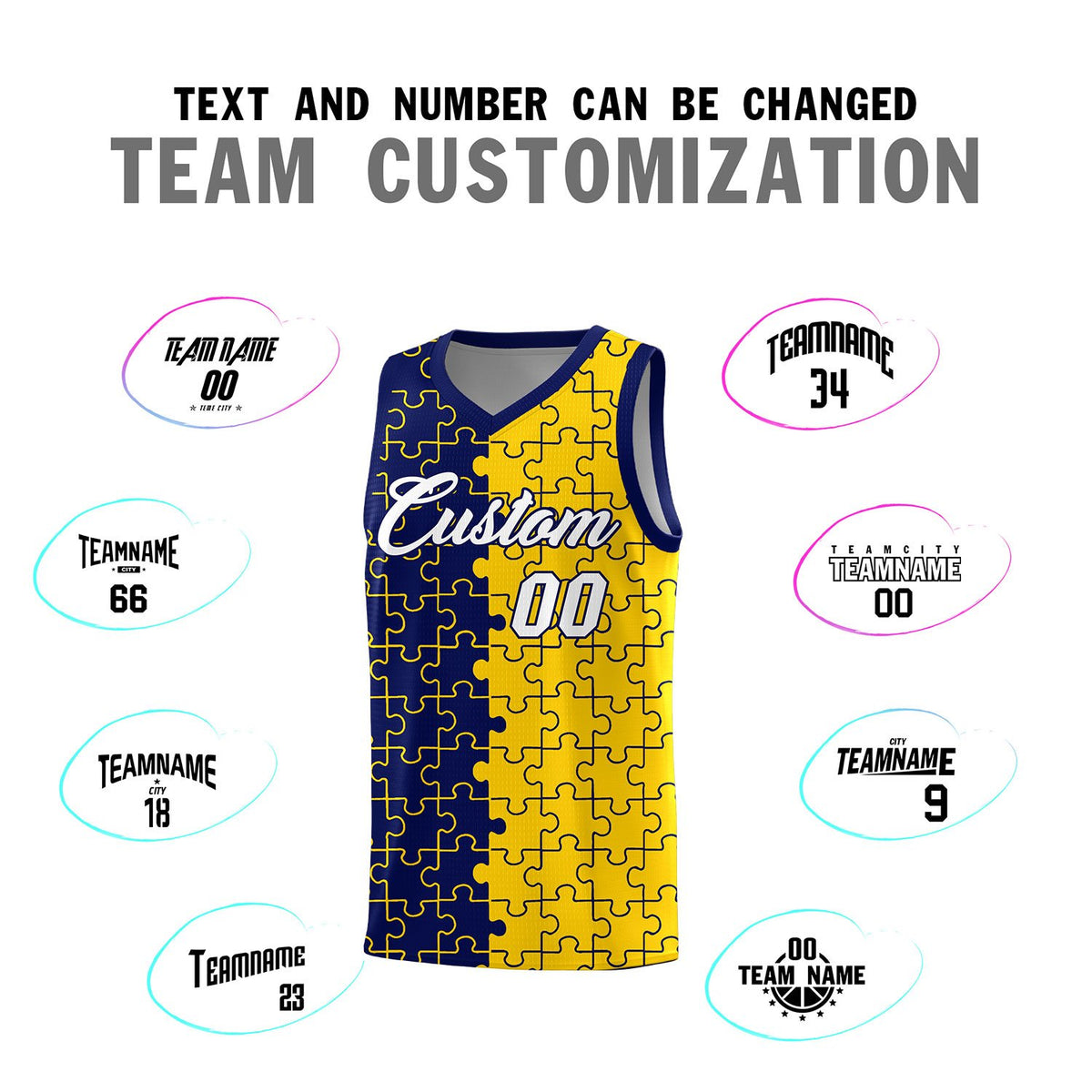 Custom Navy Gold Splid Basketball Kits With Puzzle Pattern