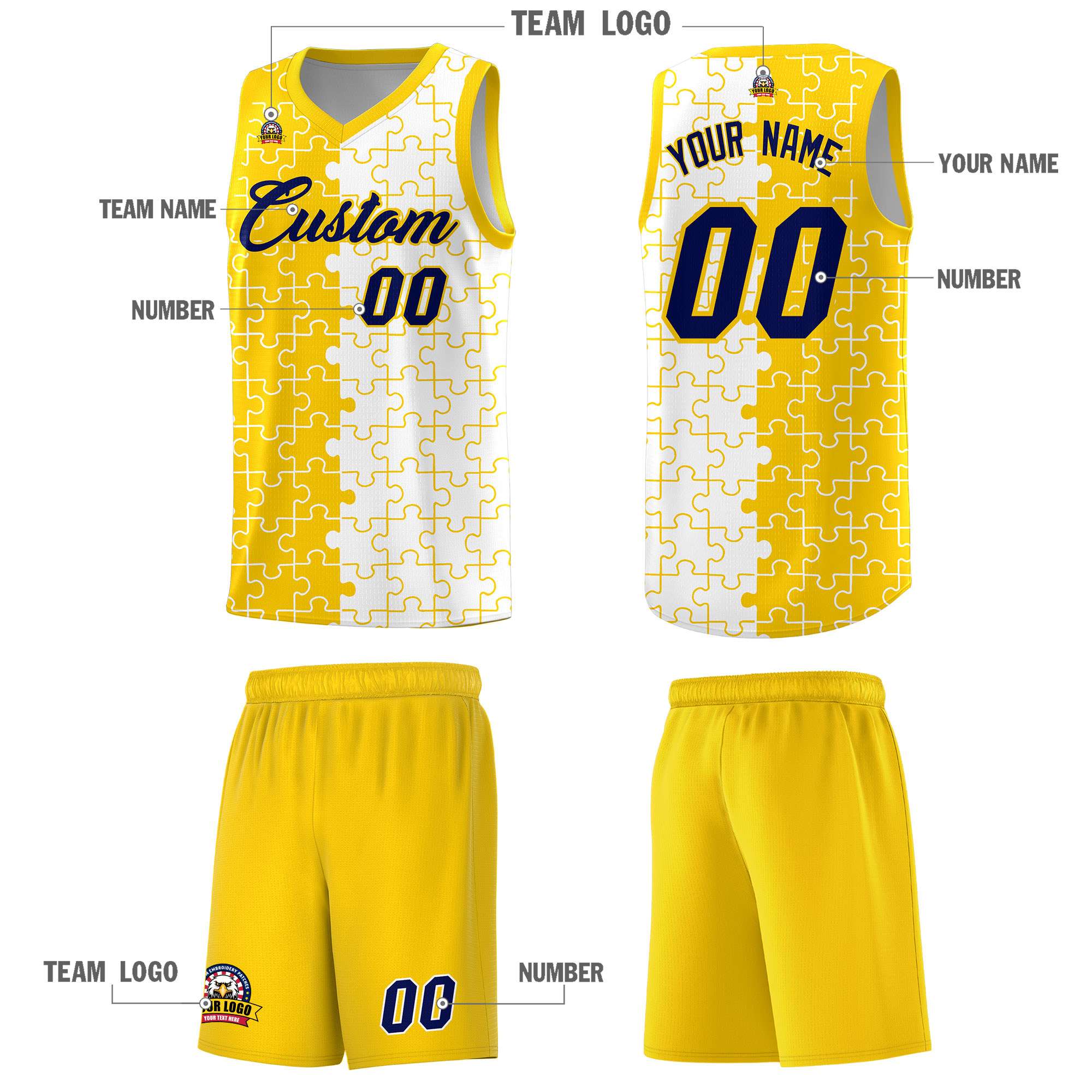 Custom Gold White Splid Basketball Kits With Puzzle Pattern