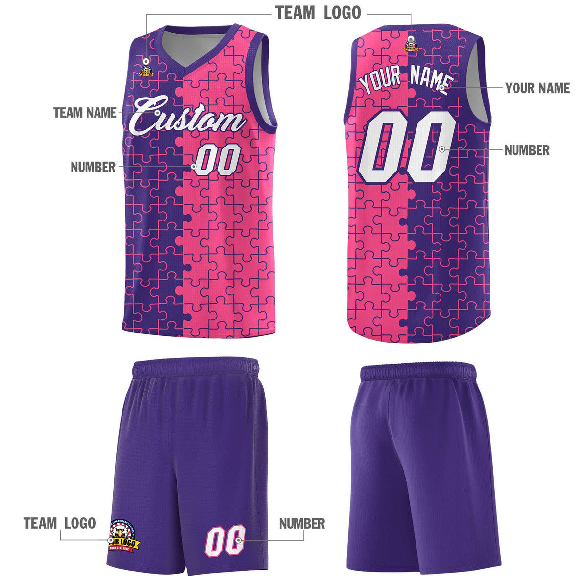 Custom Purple Pink Splid Basketball Kits With Puzzle Pattern