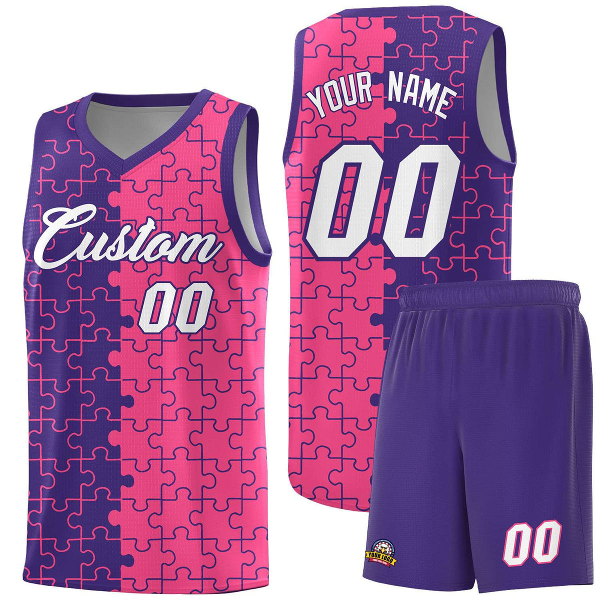 Custom Purple Pink Splid Basketball Kits With Puzzle Pattern