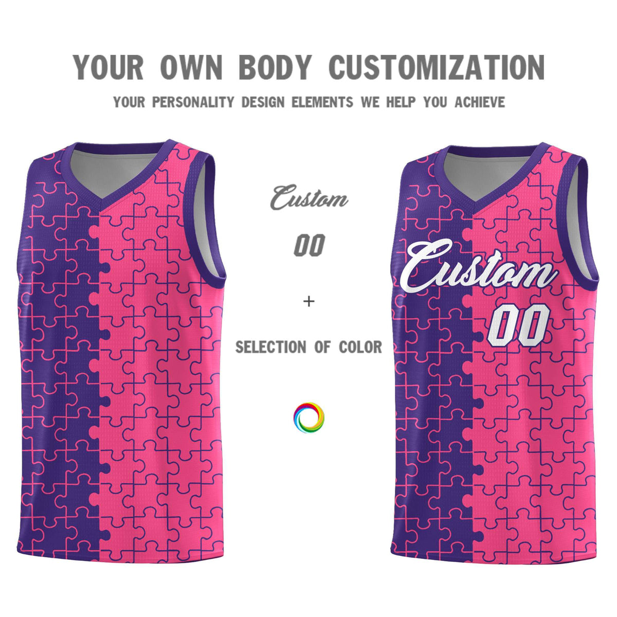 Custom Purple Pink Splid Basketball Kits With Puzzle Pattern