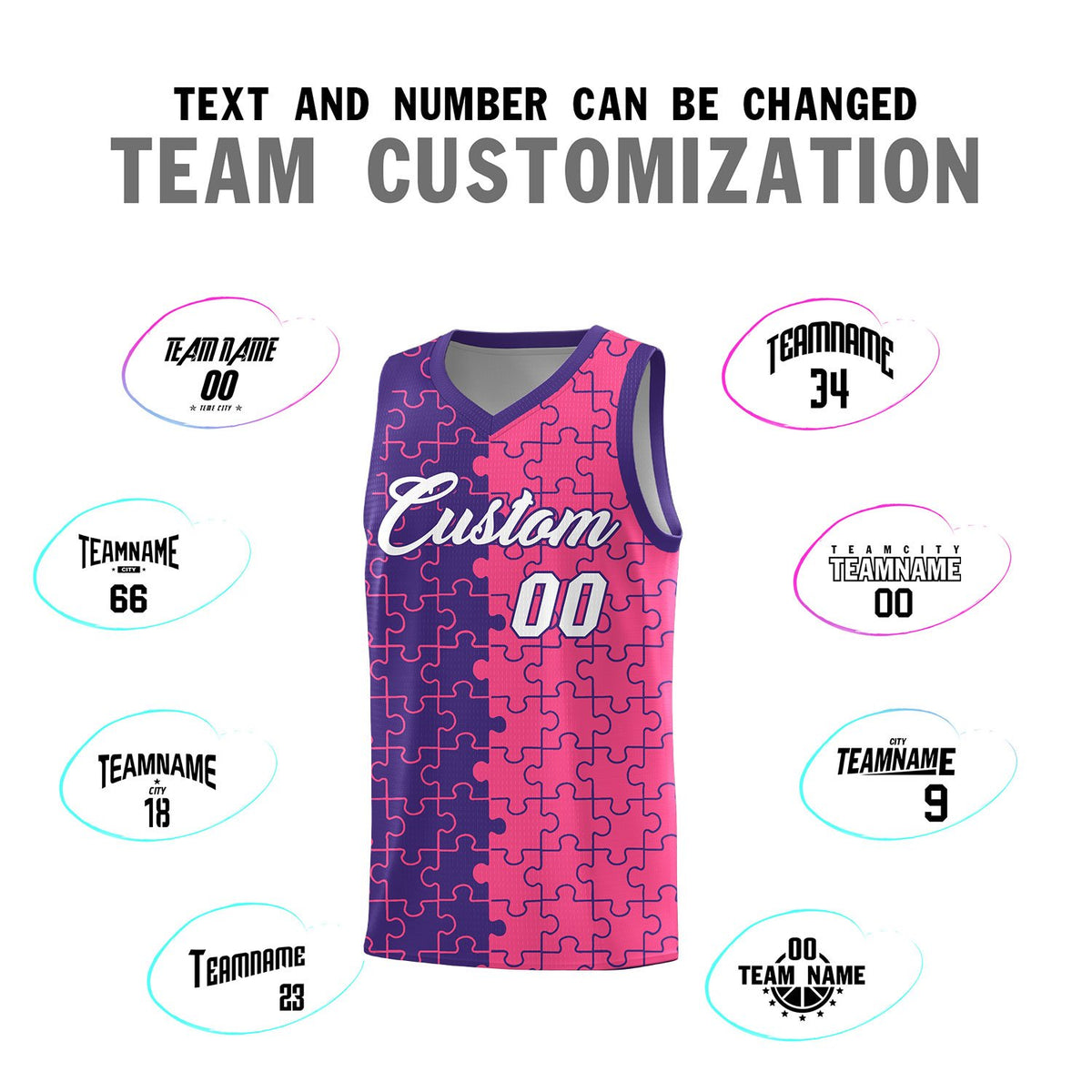 Custom Purple Pink Splid Basketball Kits With Puzzle Pattern