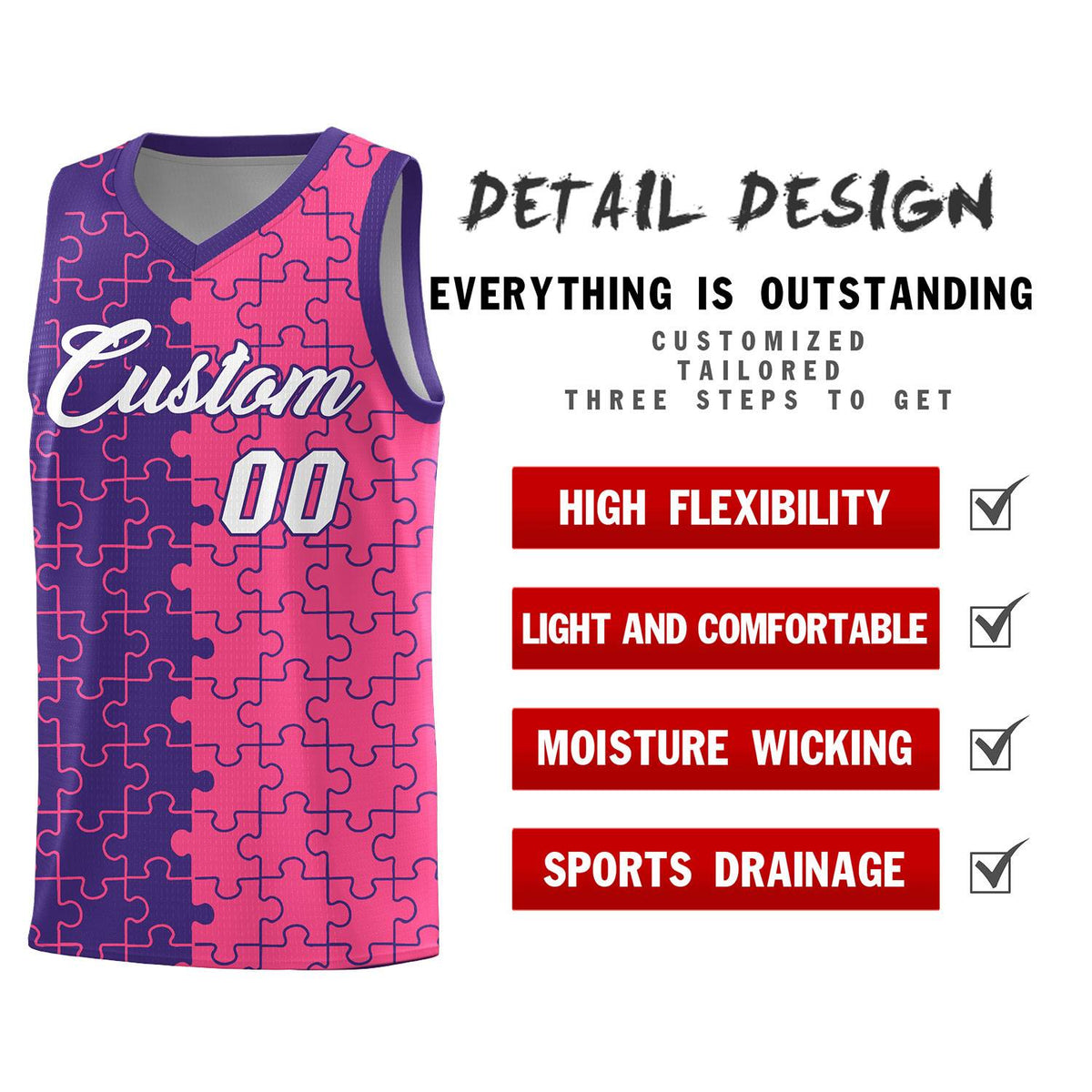Custom Purple Pink Splid Basketball Kits With Puzzle Pattern