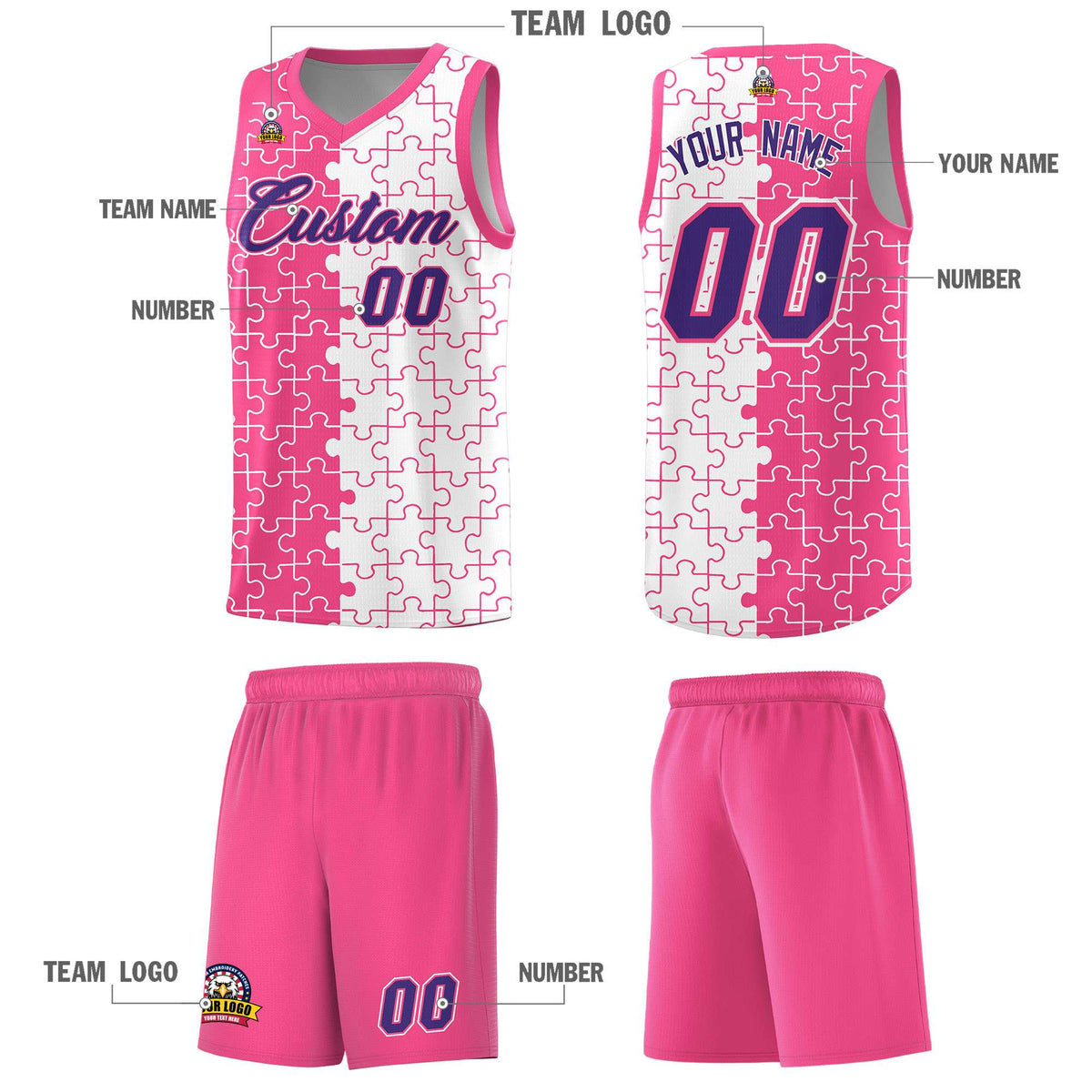 Custom Pink White Splid Basketball Kits With Puzzle Pattern