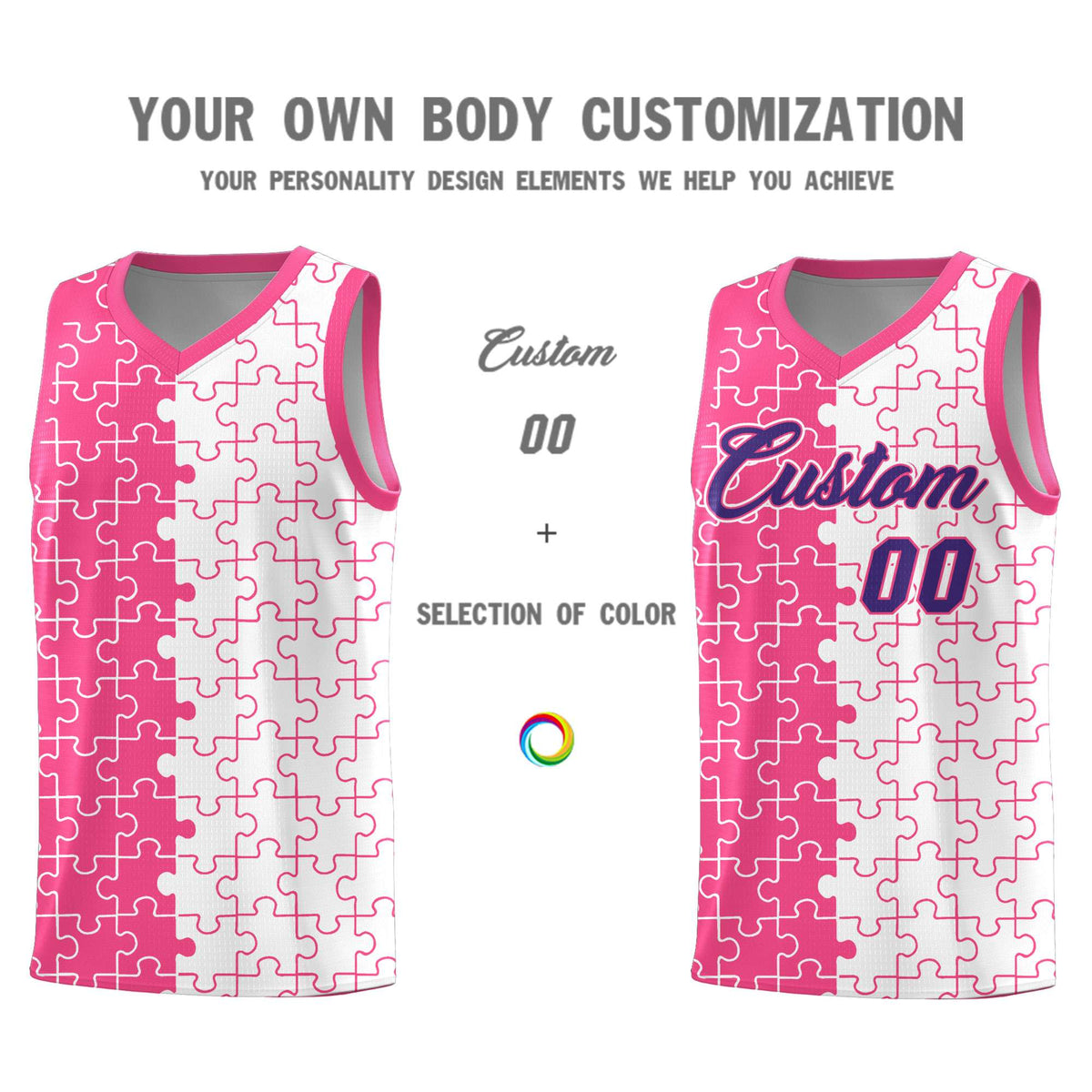 Custom Pink White Splid Basketball Kits With Puzzle Pattern