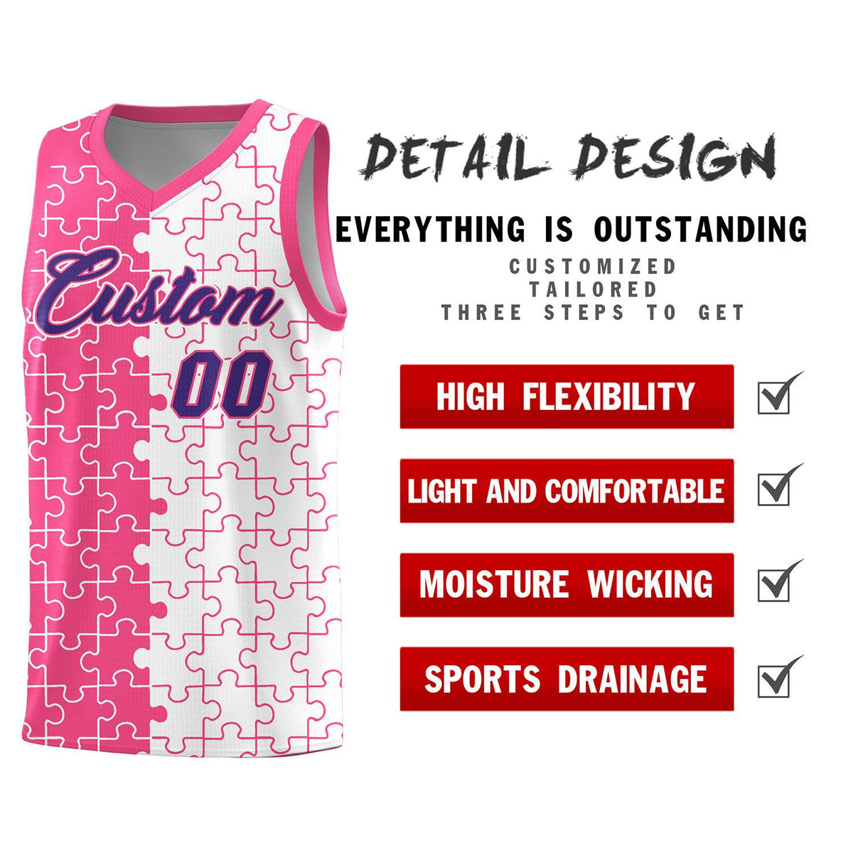 Custom Pink White Splid Basketball Kits With Puzzle Pattern