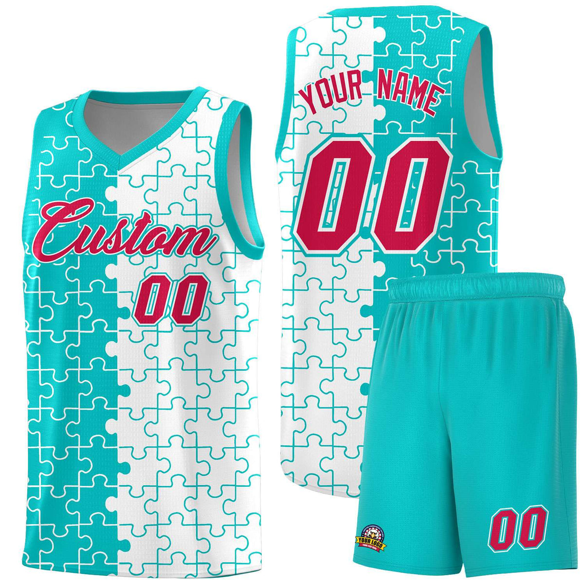 Custom Aqua White Splid Basketball Kits With Puzzle Pattern