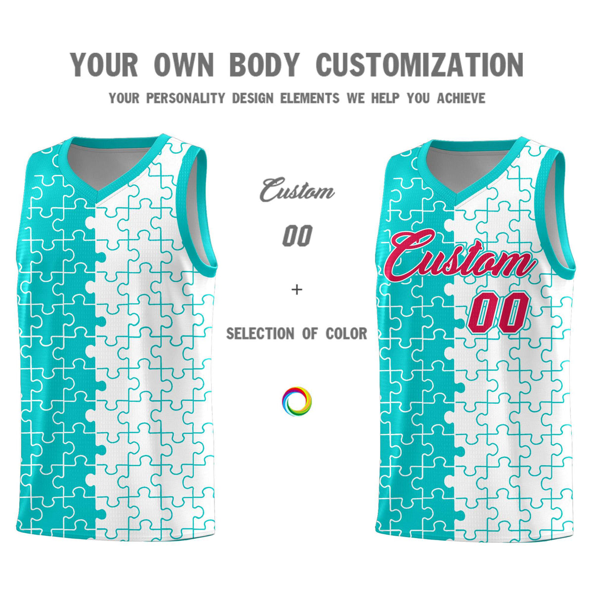 Custom Aqua White Splid Basketball Kits With Puzzle Pattern