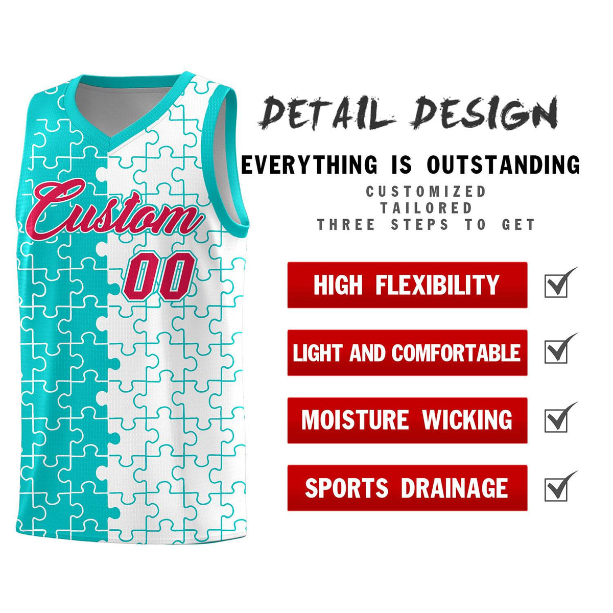 Custom Aqua White Splid Basketball Kits With Puzzle Pattern