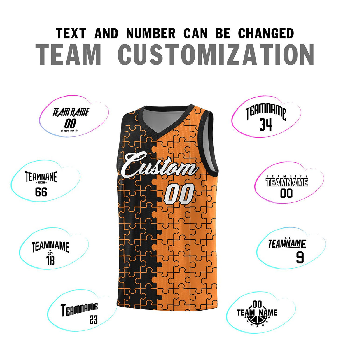 Custom Black Gold Orange Splid Basketball Kits With Puzzle Pattern