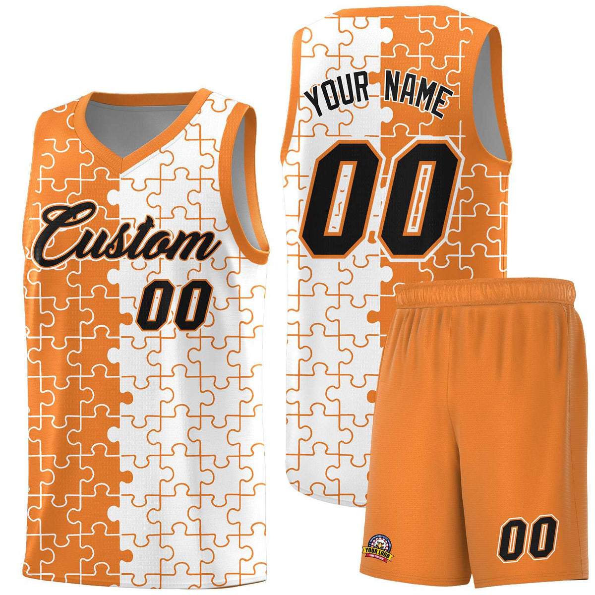 Custom Gold Orange White Splid Basketball Kits With Puzzle Pattern