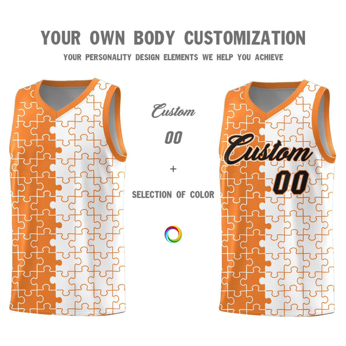 Custom Gold Orange White Splid Basketball Kits With Puzzle Pattern