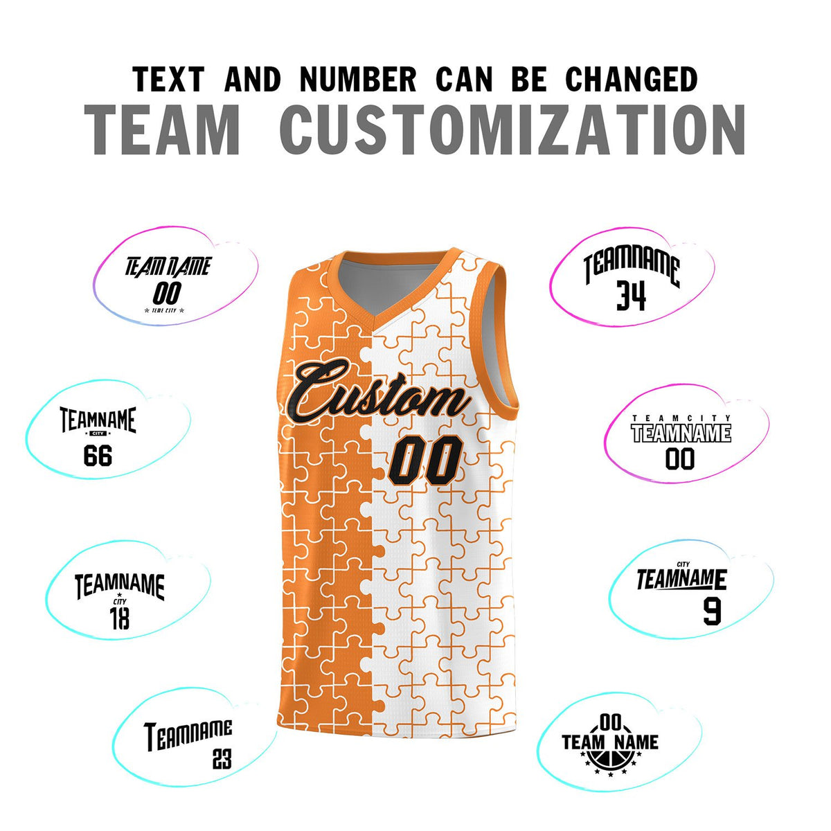 Custom Gold Orange White Splid Basketball Kits With Puzzle Pattern
