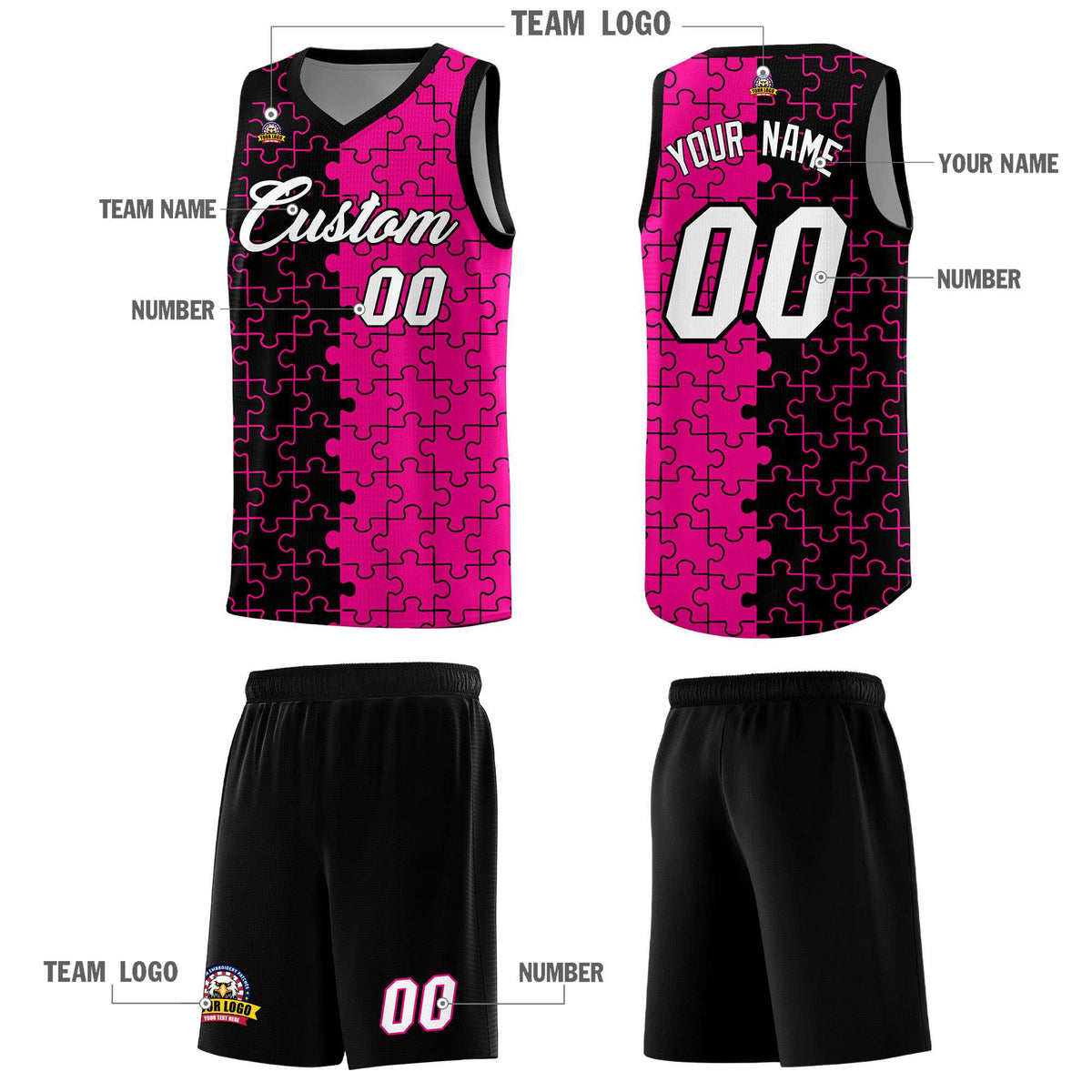 Custom Black Rose Red Splid Basketball Kits With Puzzle Pattern