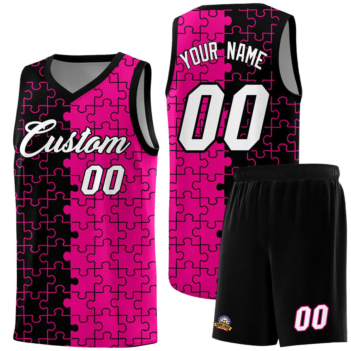 Custom Black Rose Red Splid Basketball Kits With Puzzle Pattern