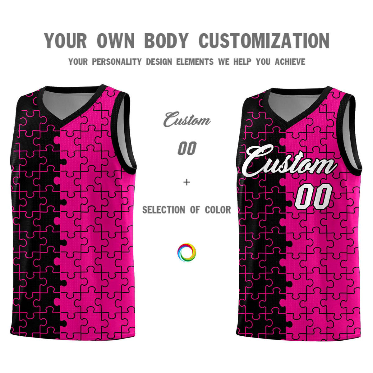 Custom Black Rose Red Splid Basketball Kits With Puzzle Pattern