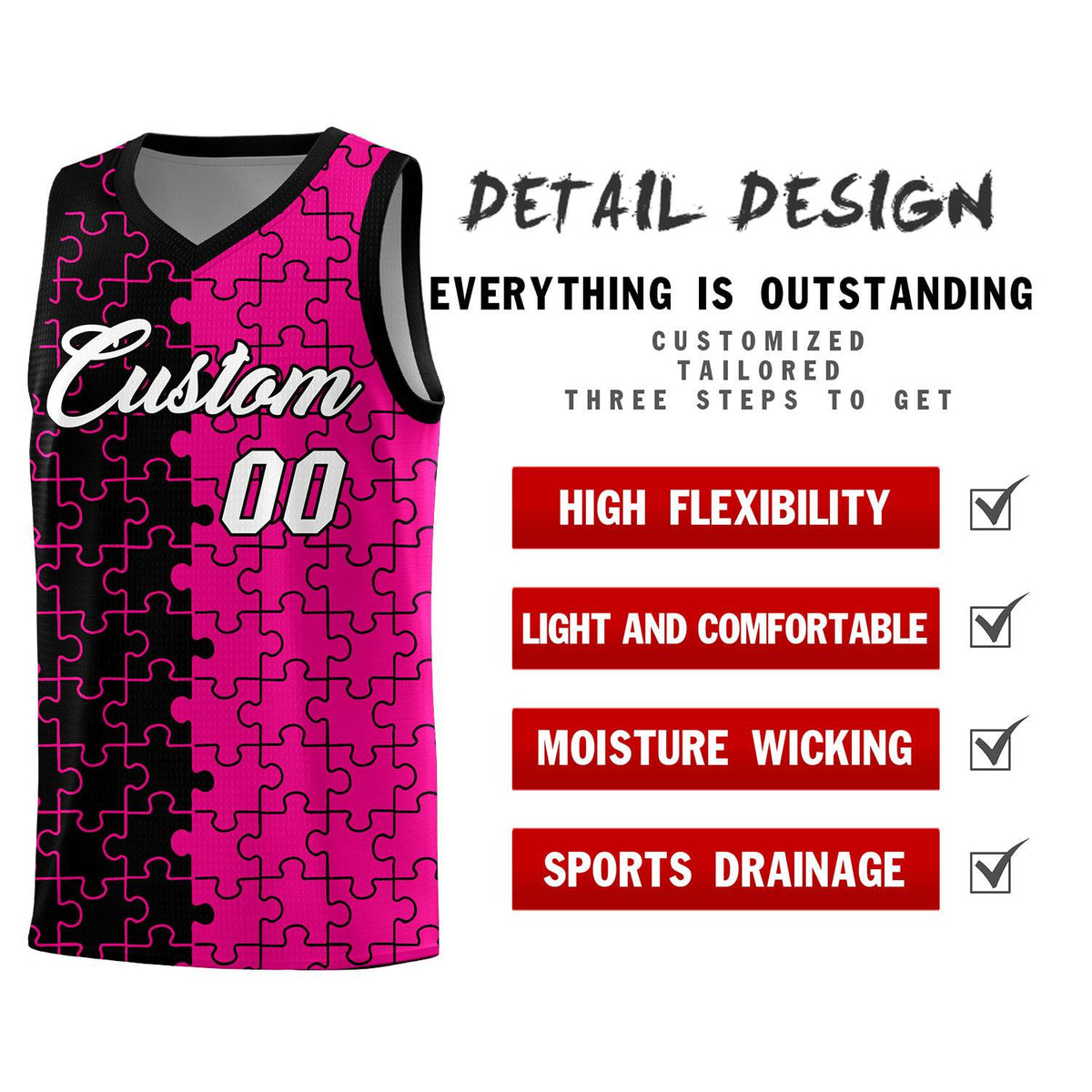Custom Black Rose Red Splid Basketball Kits With Puzzle Pattern