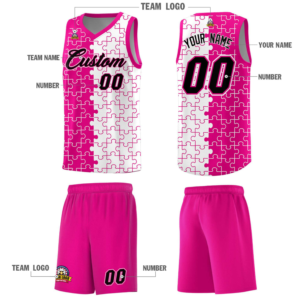 Custom Rose Red White Splid Basketball Kits With Puzzle Pattern