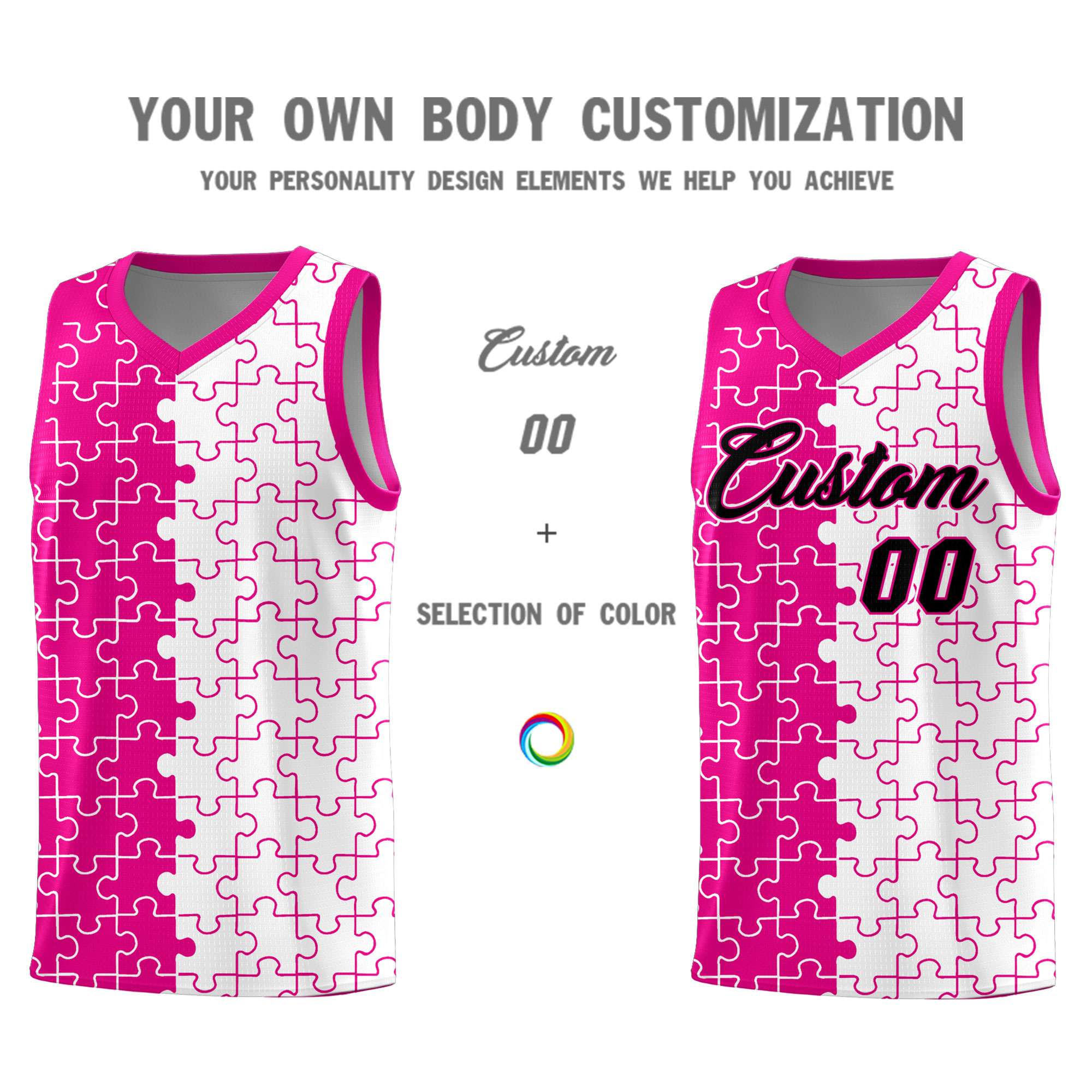 Custom Rose Red White Splid Basketball Kits With Puzzle Pattern