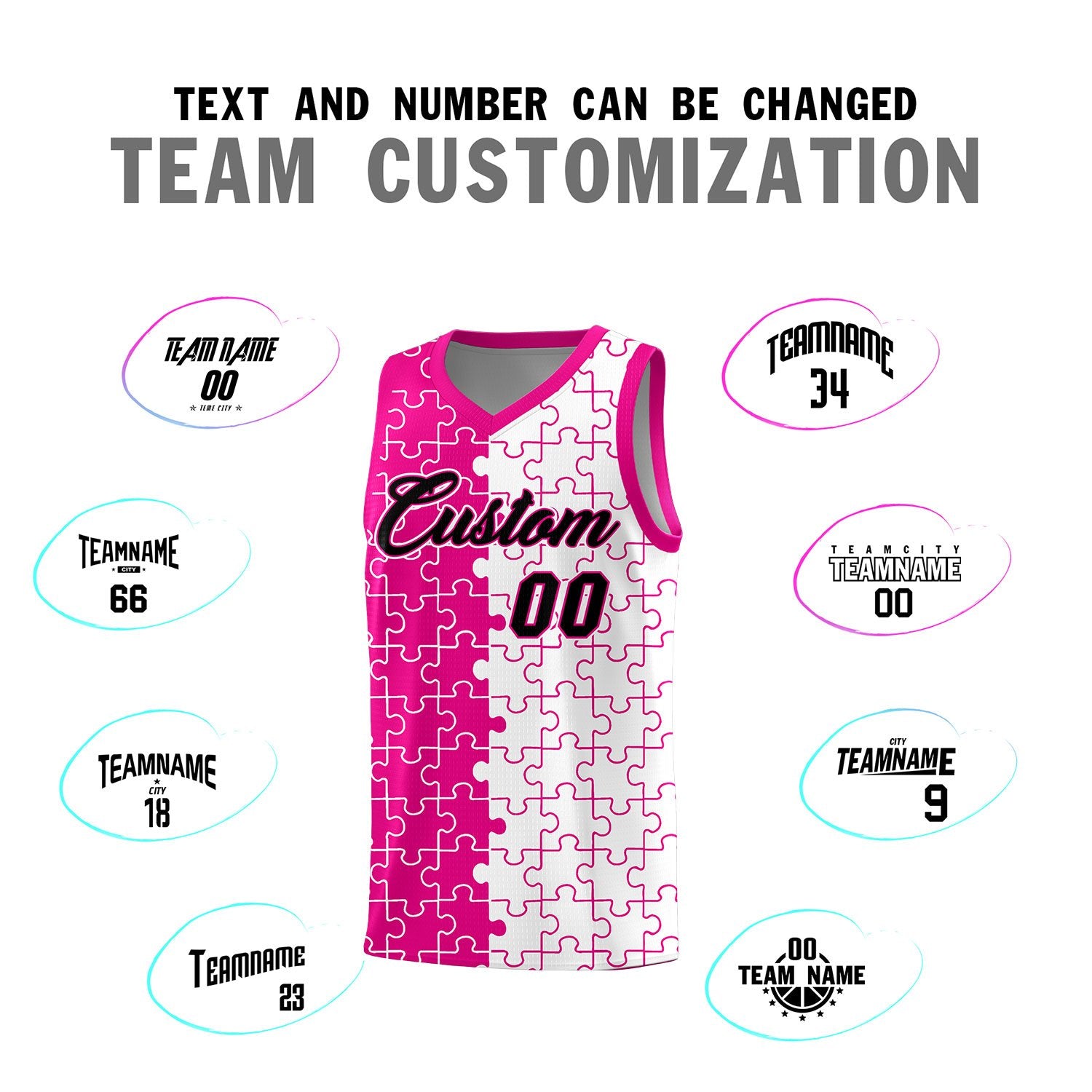 Custom Rose Red White Splid Basketball Kits With Puzzle Pattern