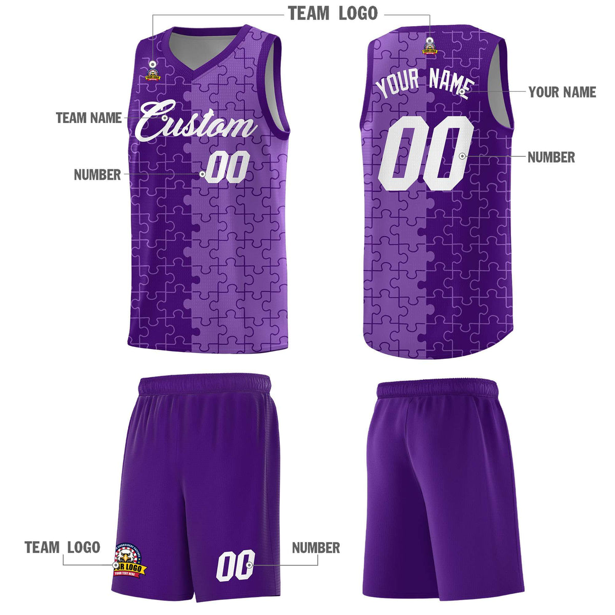 Custom Purple Light Purple Splid Basketball Kits With Puzzle Pattern
