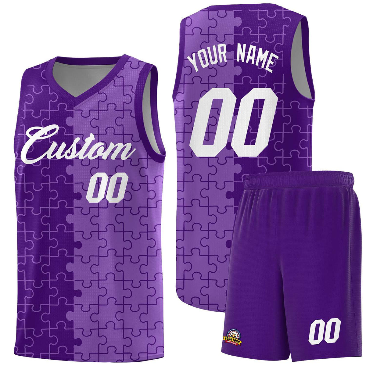 Custom Purple Light Purple Splid Basketball Kits With Puzzle Pattern