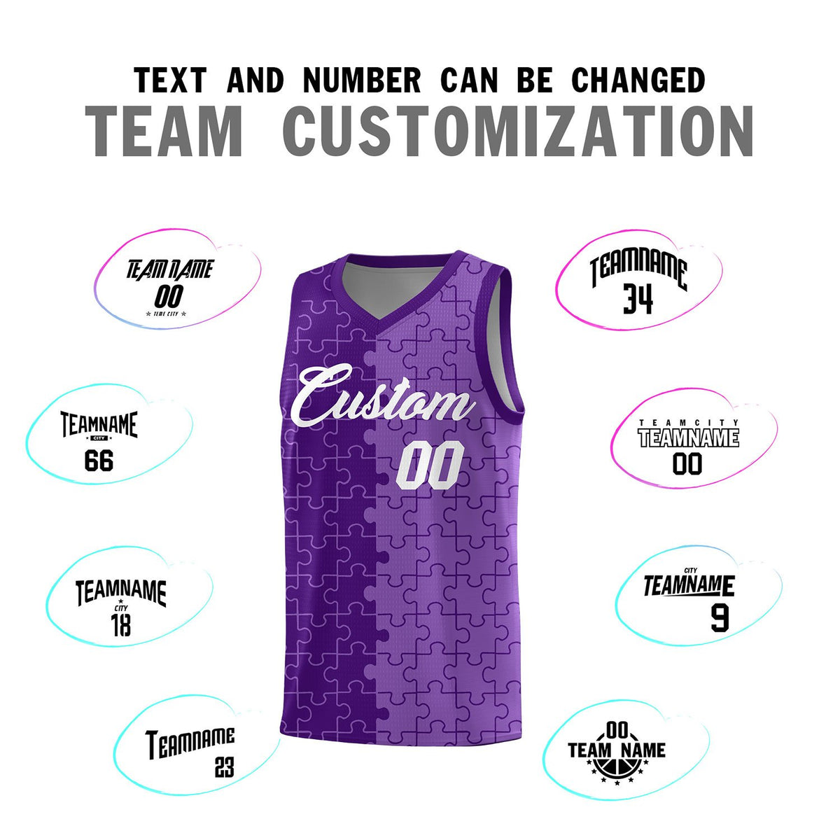 Custom Purple Light Purple Splid Basketball Kits With Puzzle Pattern