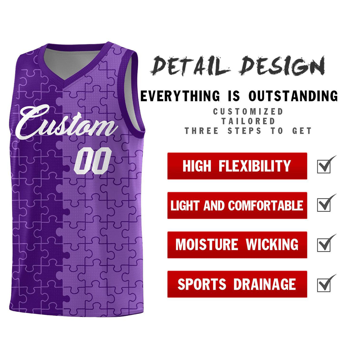 Custom Purple Light Purple Splid Basketball Kits With Puzzle Pattern