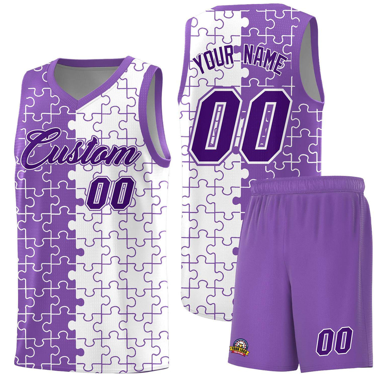 Custom Light Purple White Splid Basketball Kits With Puzzle Pattern